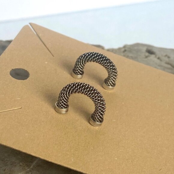 Oxidized Sterling Silver 925 Pap Twisted Braid Half Hoop Earrings 14K Gold Post - Picture 5 of 16